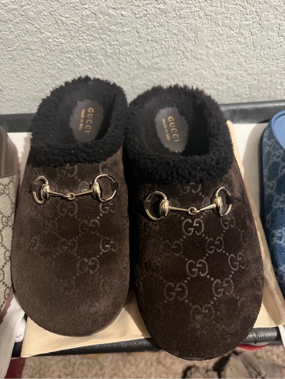 Gucci Kids Dark Brown GG Suede Shearling Slip-On with Gold Horsebit